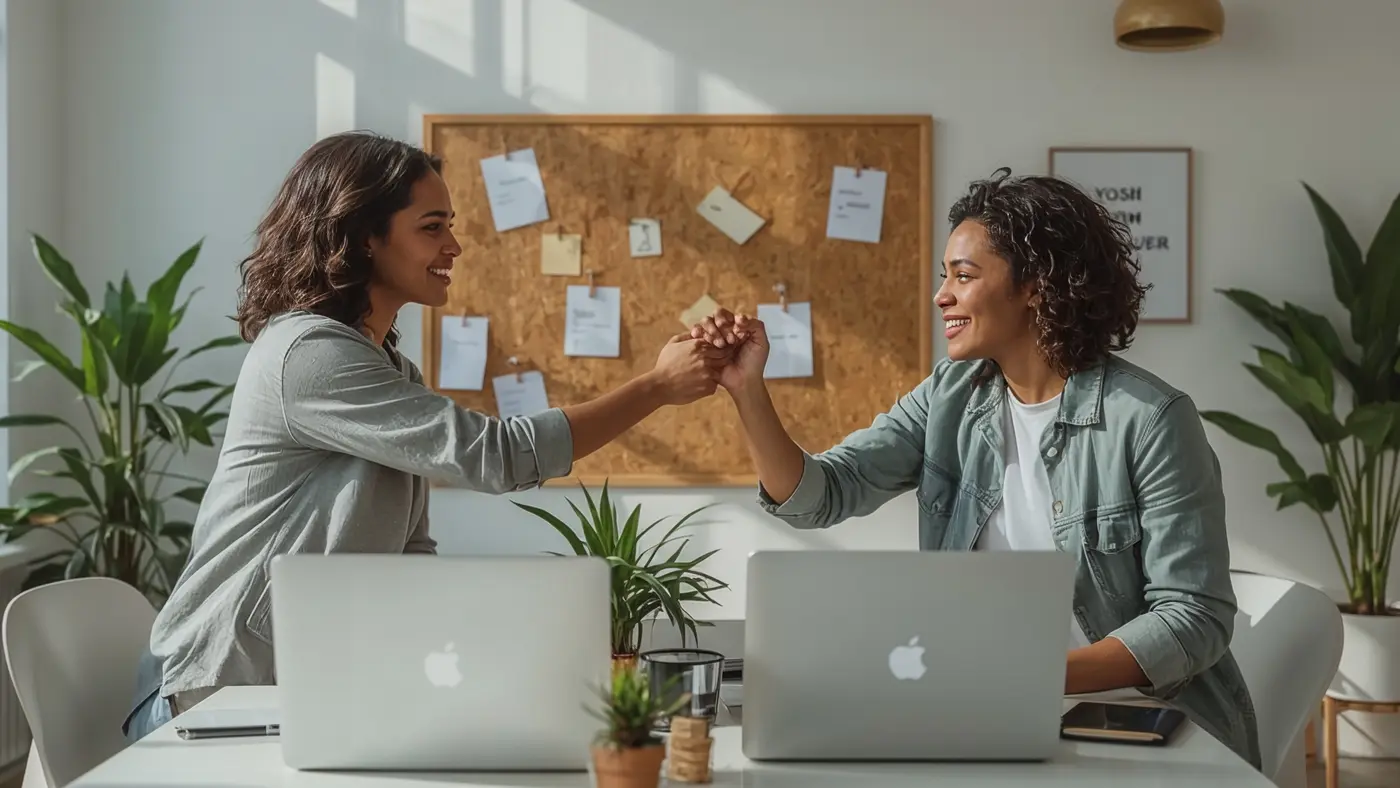 Two professionals fist bumping in a bright coworking space
