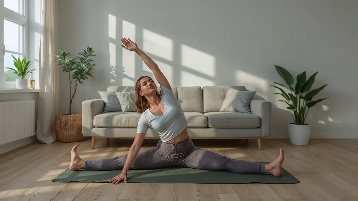 A hyper-realistic image of a person stretching on a yoga mat in a sunlit living room, with activewear, indoor plants, and a water bottle nearby.