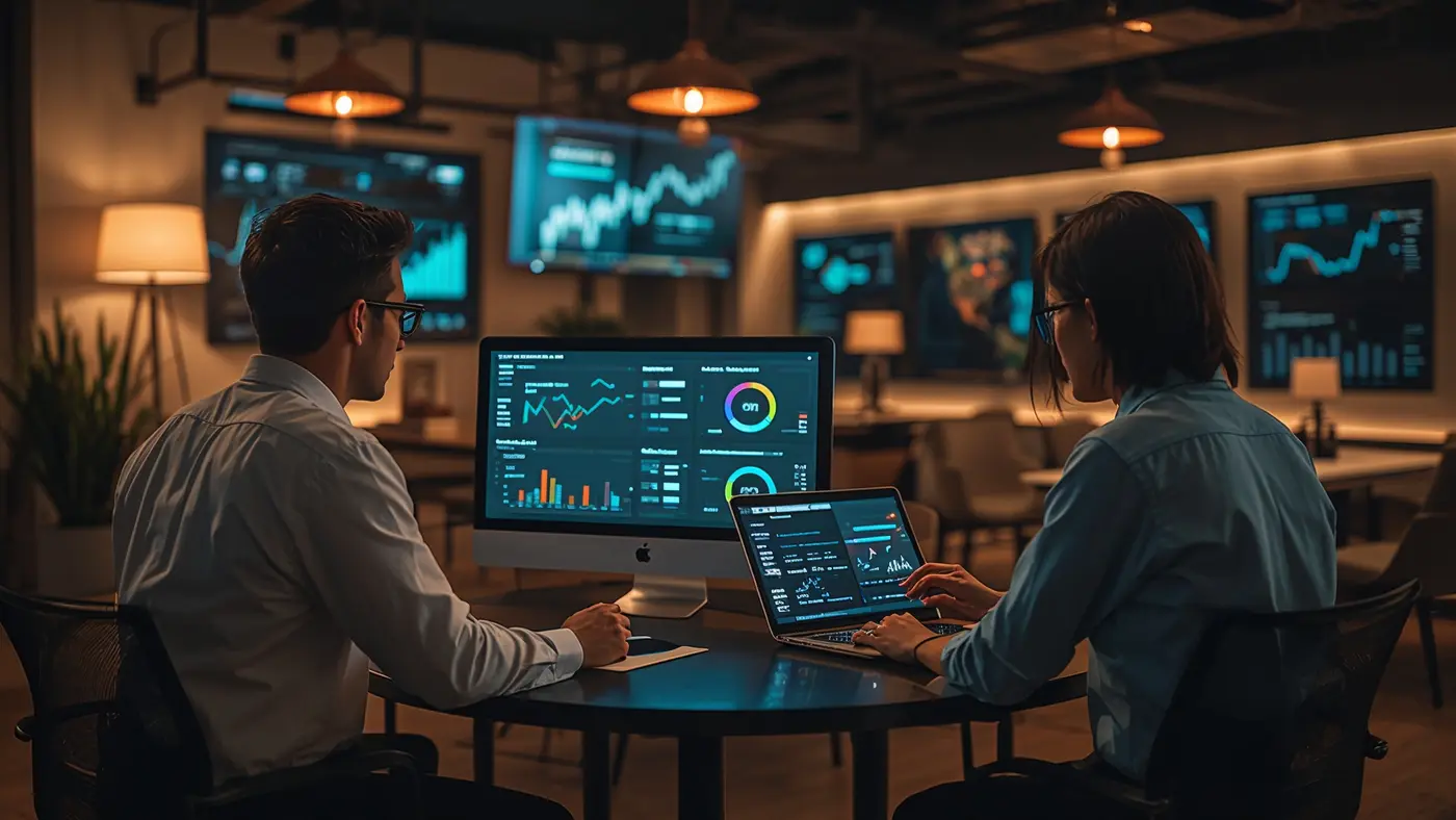 A hyper-realistic photo of two professionals collaborating at a modern workspace with laptops and analytics dashboards, professional lighting, and a focus on teamwork.