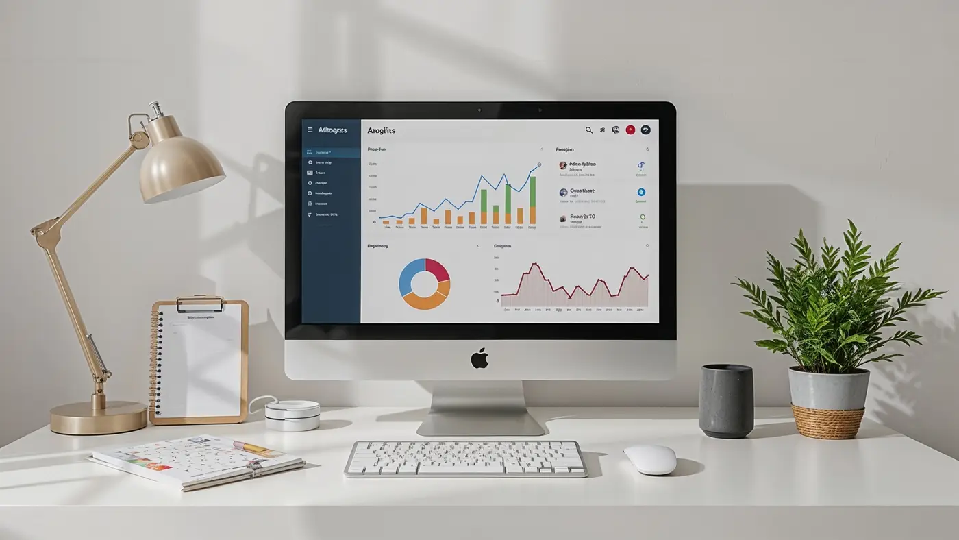 A hyper-realistic image of a minimalist home office with a desktop computer displaying analytics dashboards, surrounded by productivity tools and soft natural lighting, emphasizing efficiency and organization.
