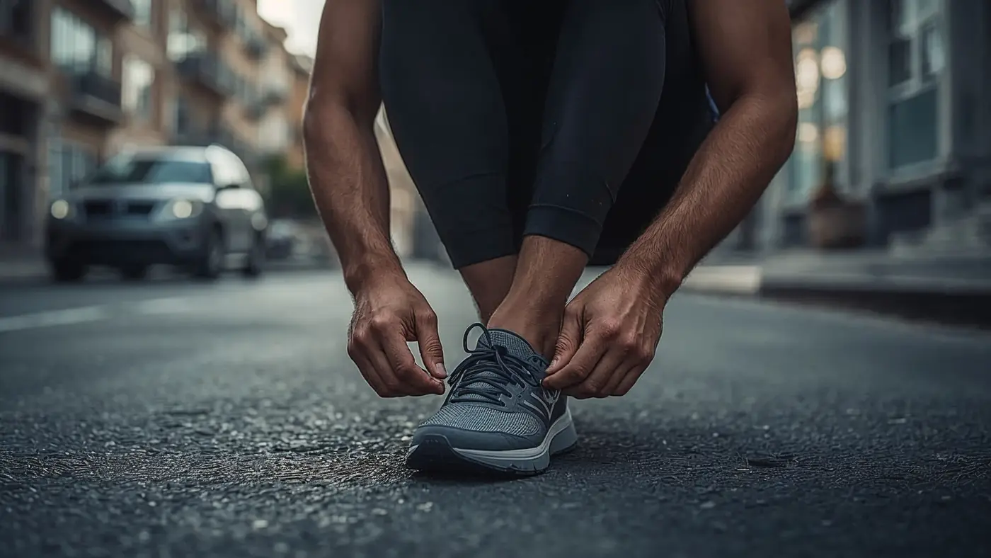 A hyper-realistic photo of an individual tying running shoes at dawn on a quiet urban street, with cool morning light.