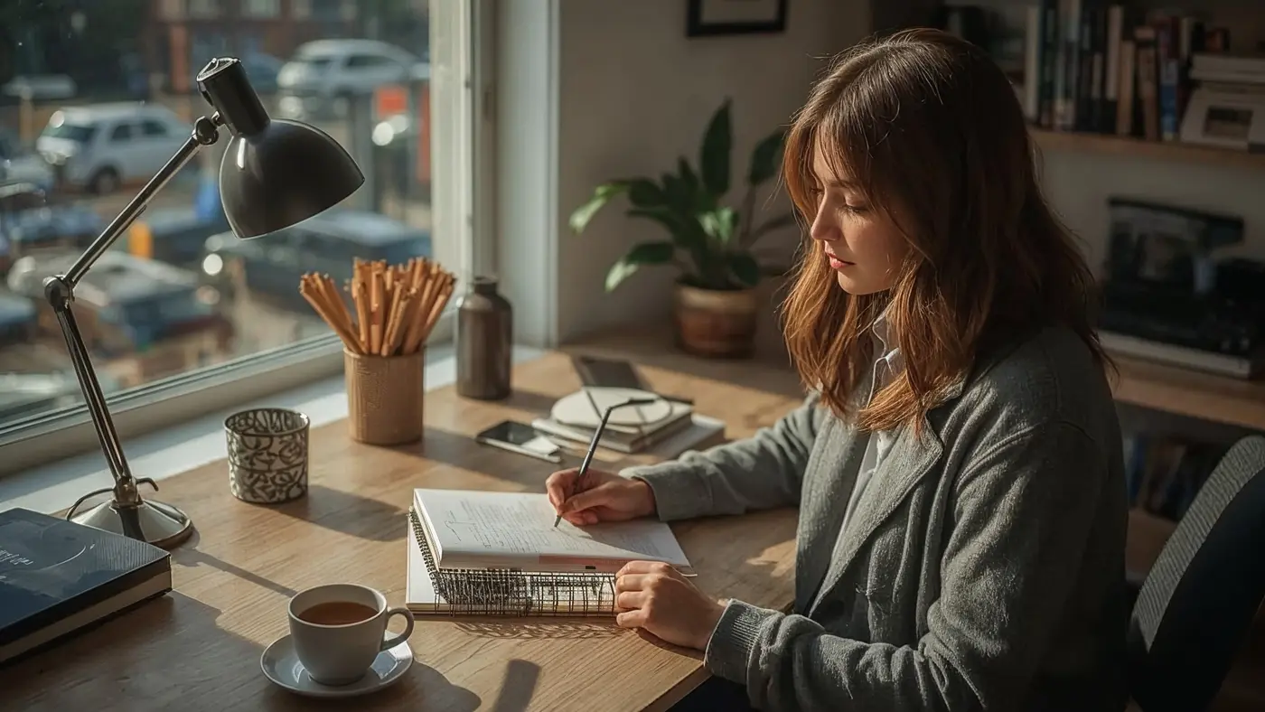 A hyper-realistic photo of a person journaling or planning at a bright, modern desk with morning light, coffee, and plants, radiating focus and intention.