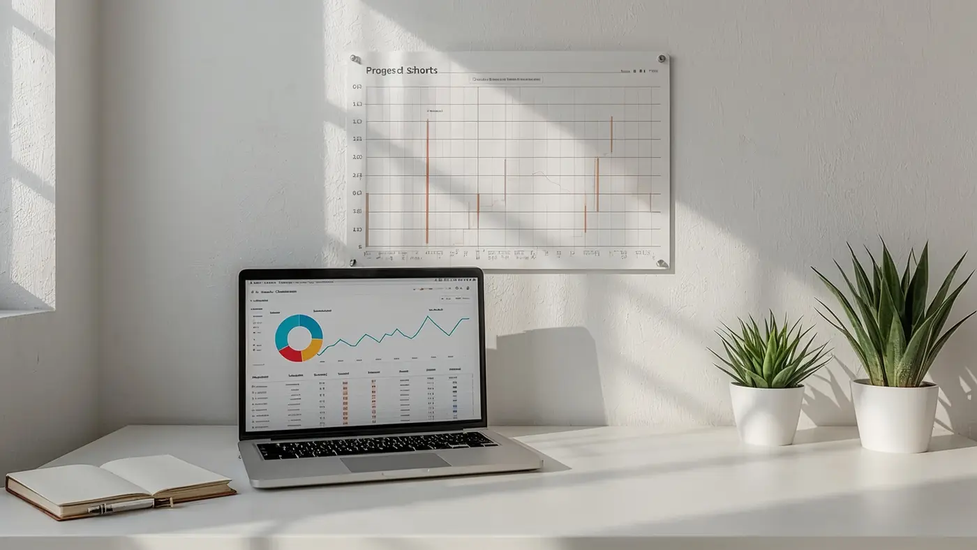A hyper-realistic photo of a minimalist home office with a laptop displaying a data dashboard and a physical progress chart on the wall, illuminated by soft natural light and no people present.