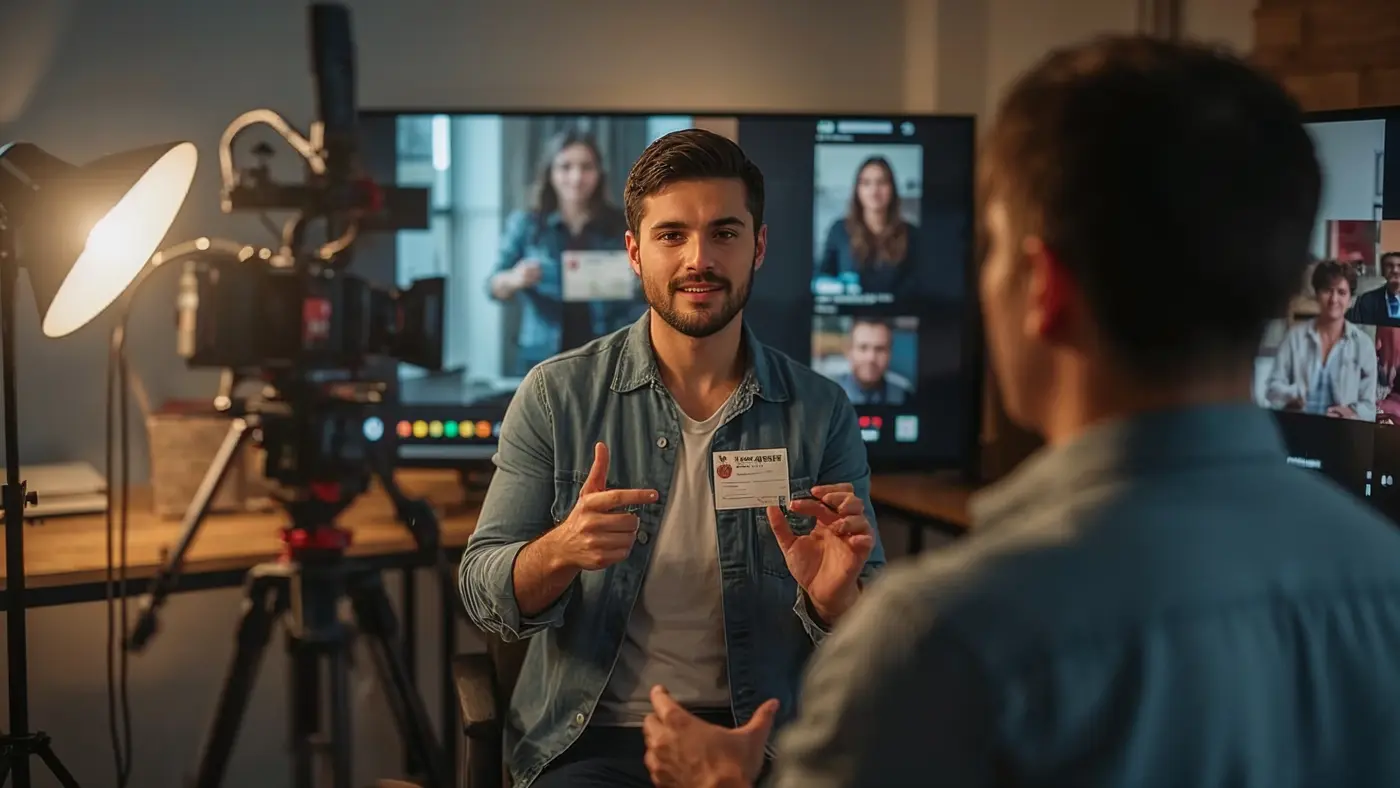 A hyper-realistic scene of a founder hosting a live session with a product sample and screens showing real-time customer feedback, illuminated by warm, natural light.