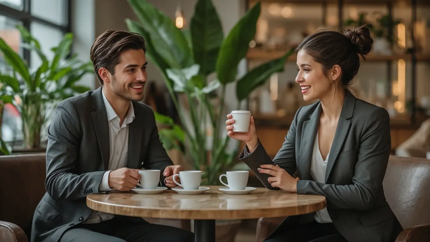Hyper-realistic photo of two diverse professionals having an engaging conversation at a coffee shop, highlighting authentic connection and collaboration.