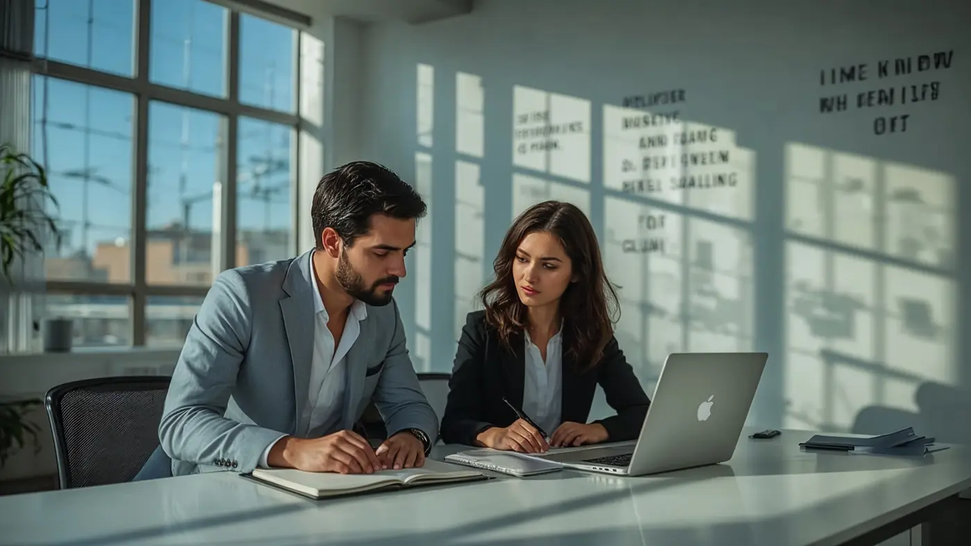Two diverse entrepreneurs collaborating in a modern office with motivational quotes on the walls