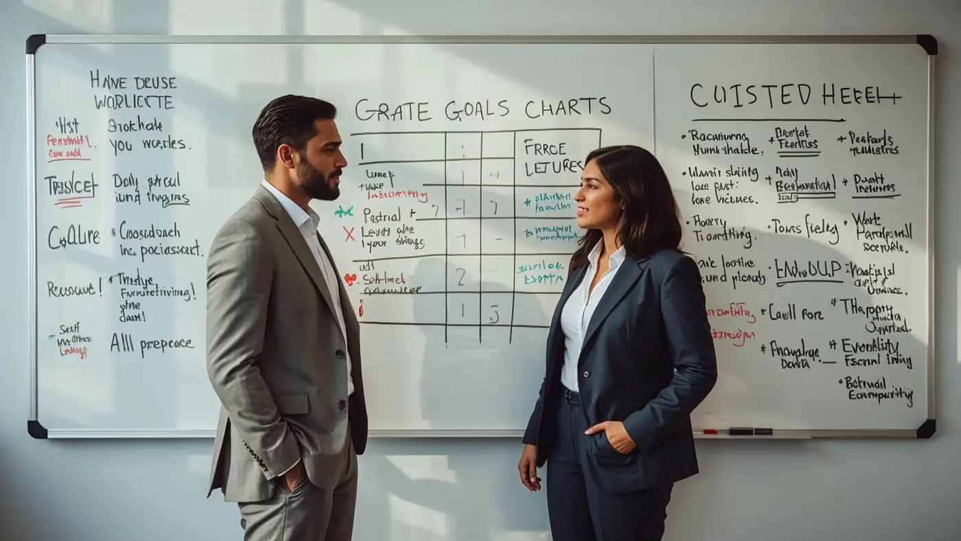 Hyper-realistic photo of two entrepreneurs, a man and a woman, discussing in front of a whiteboard filled with motivational quotes and goal charts in a sunlit, modern office. Their body language reflects teamwork and ambition, with authentic lighting and real-life details.