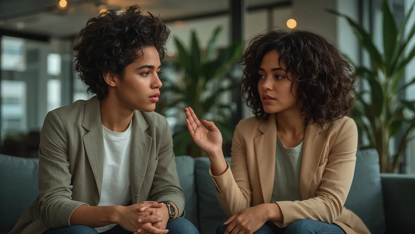A hyper-realistic photo of two diverse professionals having a focused mentorship discussion in a bright, modern office lounge, symbolizing support networks for mental resilience.