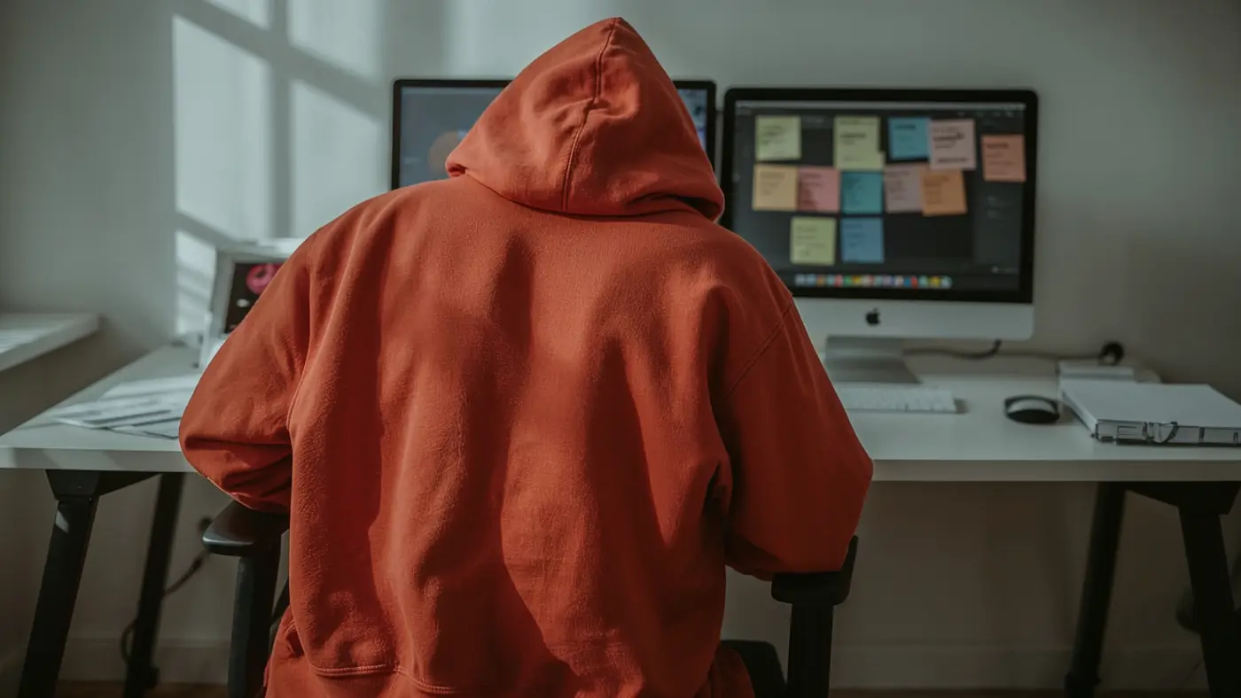A hyper-realistic workspace featuring a bold streetwear hoodie draped over an office chair, open laptop, and motivational sticky notes in natural daylight.