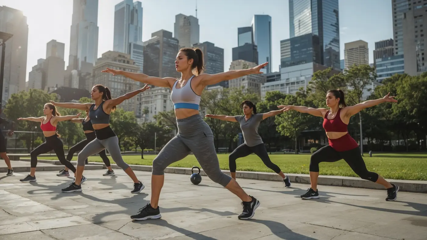 A hyper-realistic photo of two adults performing compound exercises during an urban outdoor group fitness class, with authentic natural lighting and city buildings in the background.