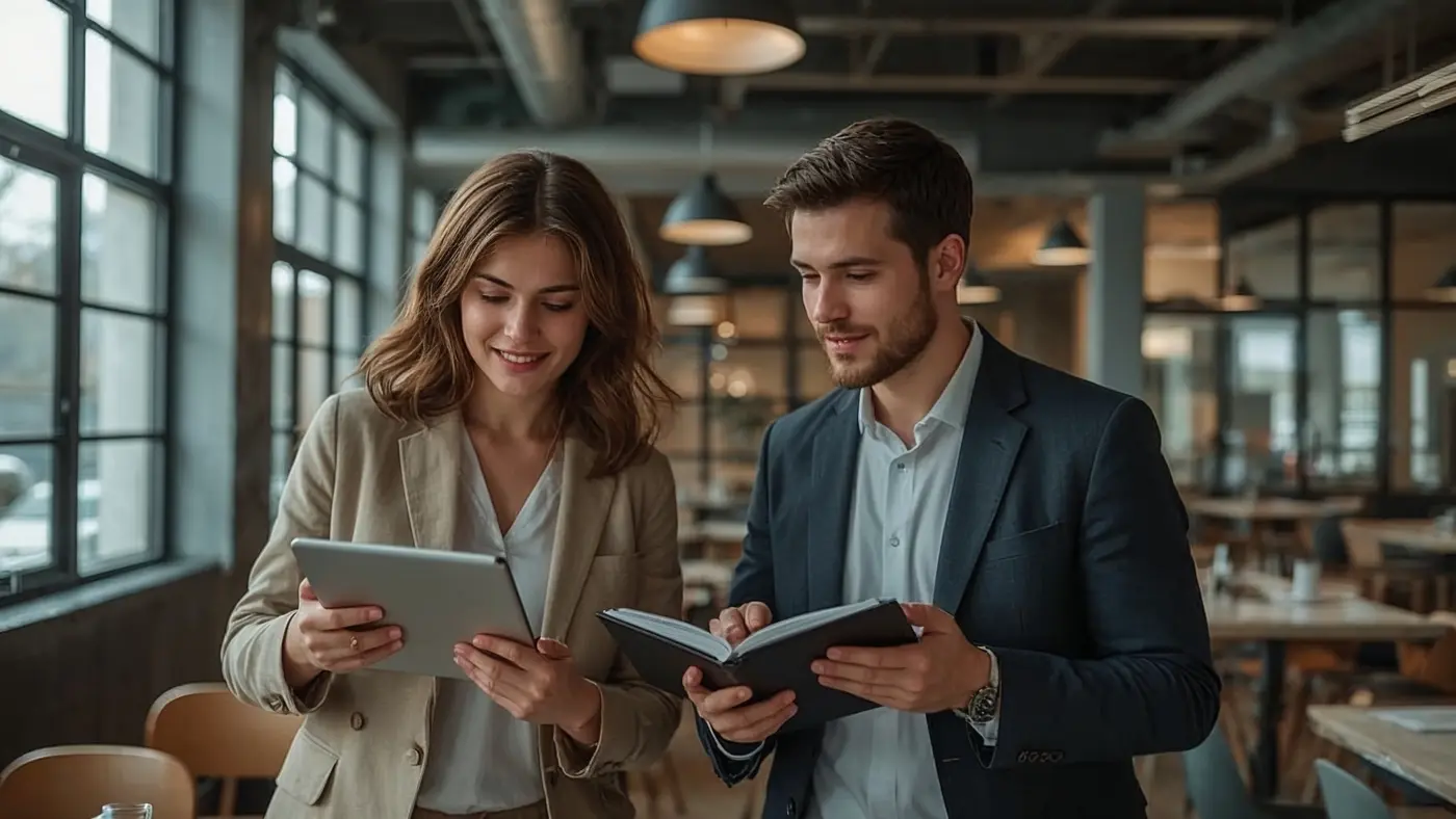 Two professionals collaborating in a modern coworking space with planners and digital devices
