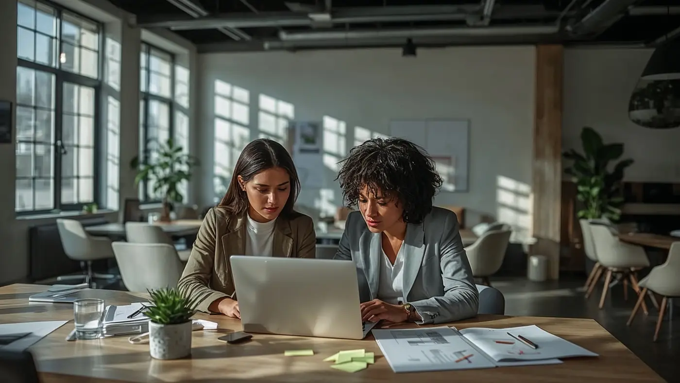 Two people collaborating over a laptop in a modern office, planning business goals with charts and notes visible.