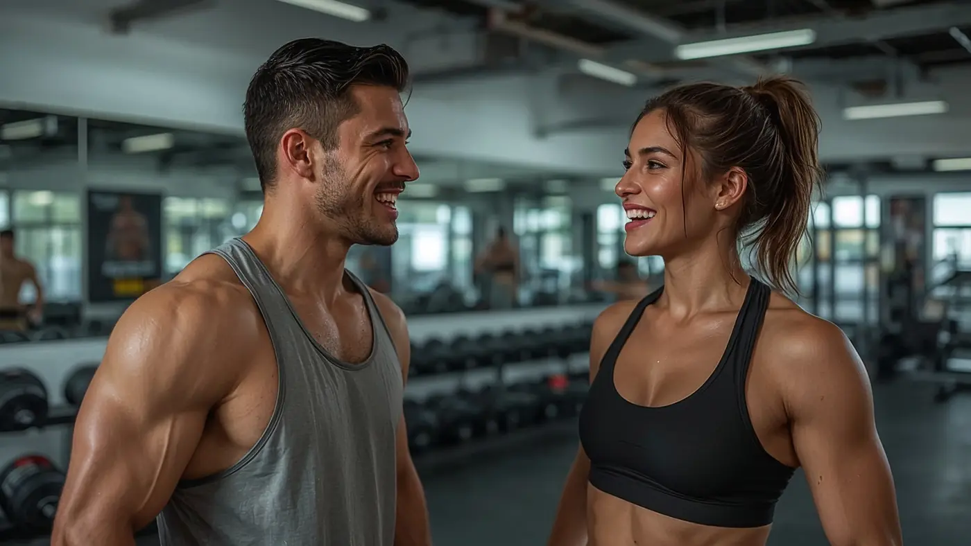 Hyper-realistic photo of two young entrepreneurs in athletic wear laughing and relaxing after a gym workout, with motivational posters and gym equipment in the background.