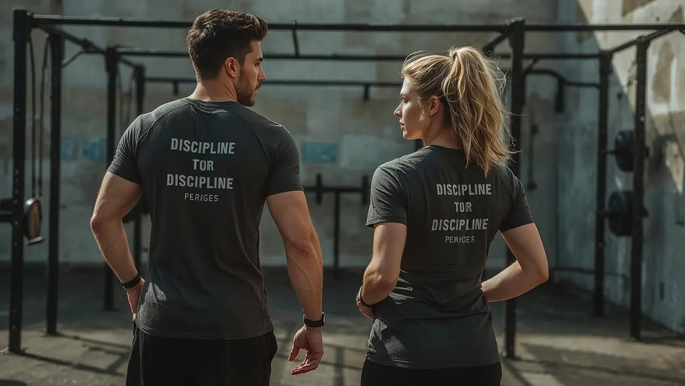 Two athletic adults at an outdoor urban gym, wearing discipline-themed sports apparel, demonstrating accountability and motivation through wearable reminders.