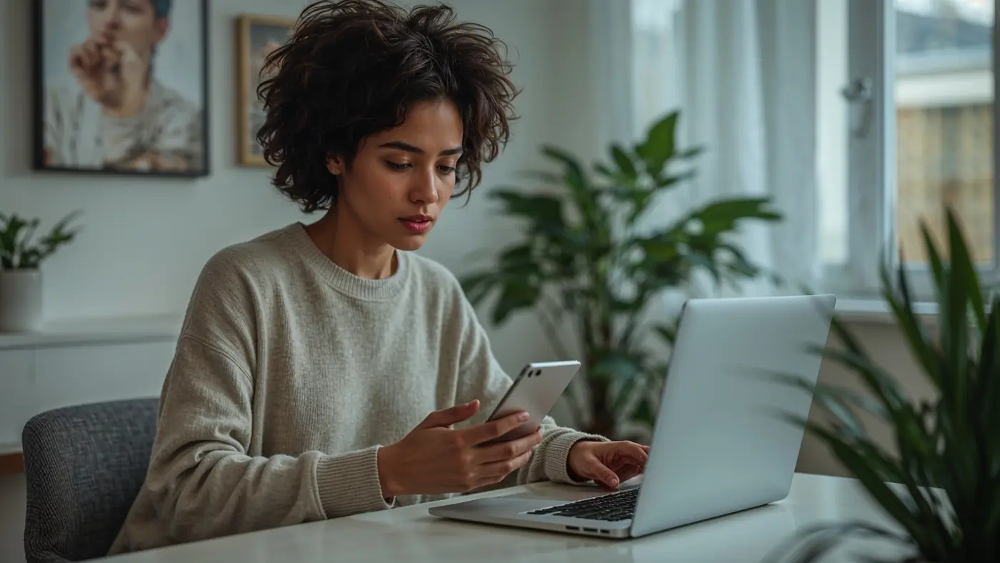 A hyper-realistic photo of a diverse person in a modern home office giving feedback on a brand's website, illustrating personalized digital communication.