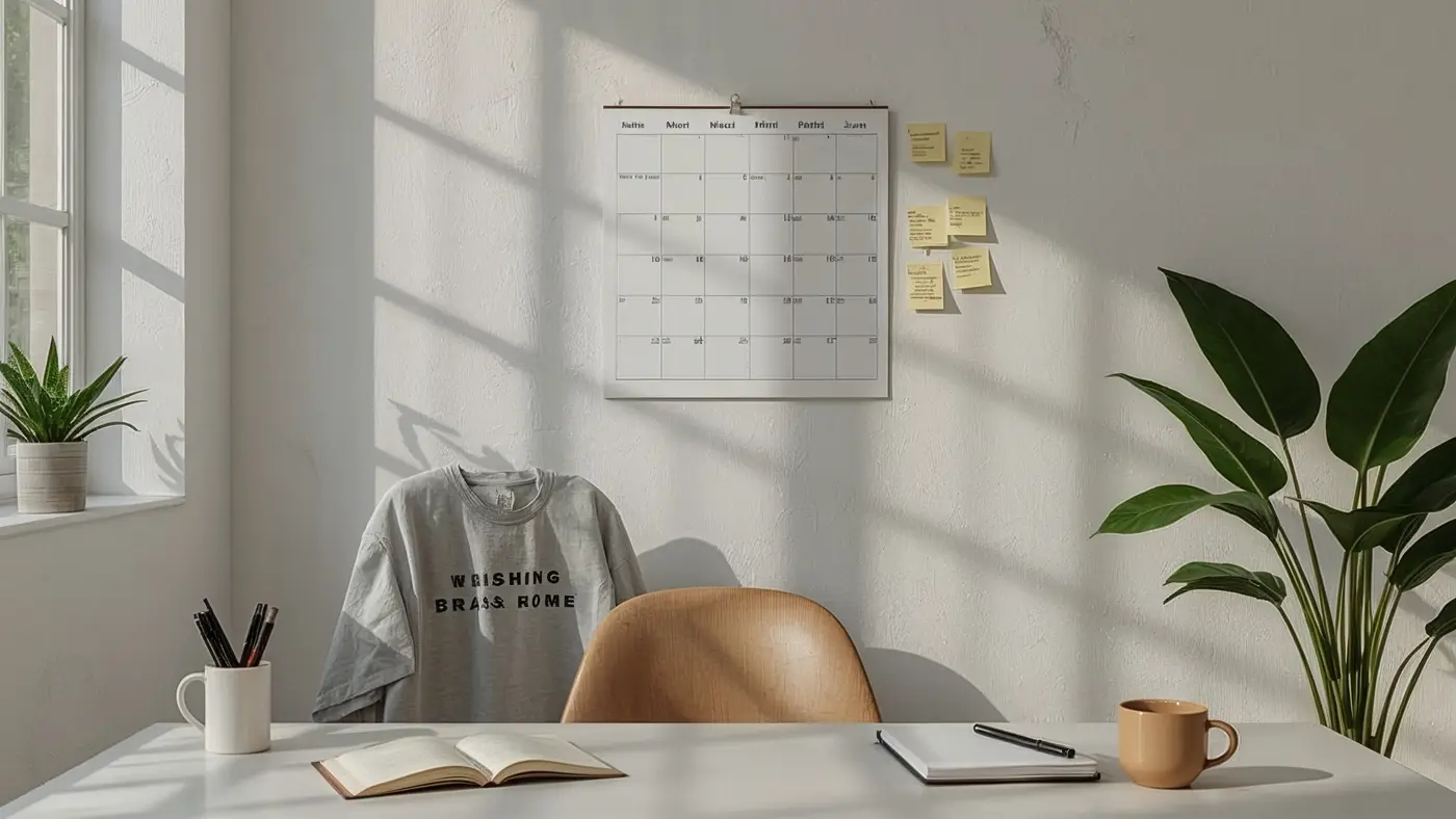 Minimalist home office with a wall calendar, sticky notes, and a motivational t-shirt draped over a chair, radiating natural daylight and focus.