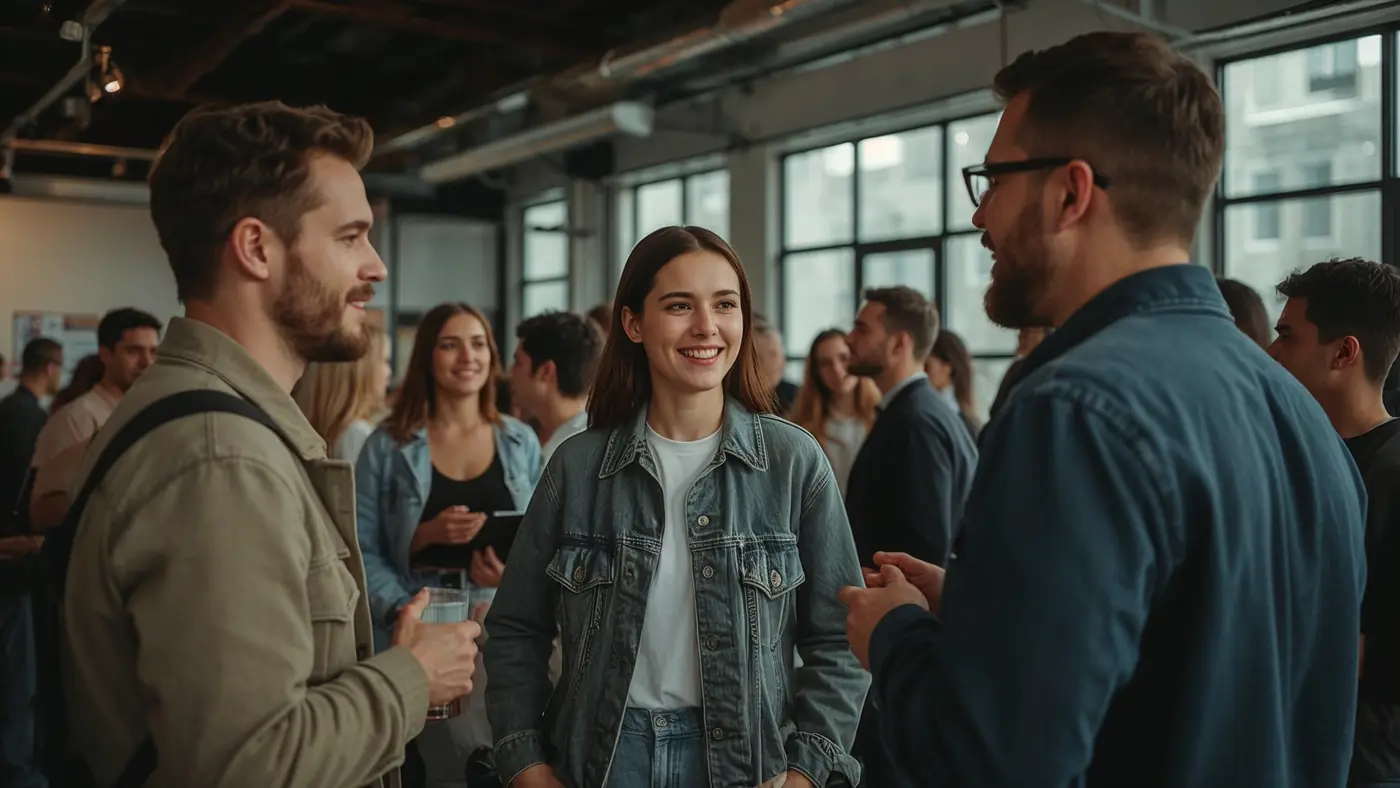 A hyper-realistic photo of a small community event for entrepreneurs in a stylish urban pop-up, with one or two attendees in motivational streetwear networking in natural light.