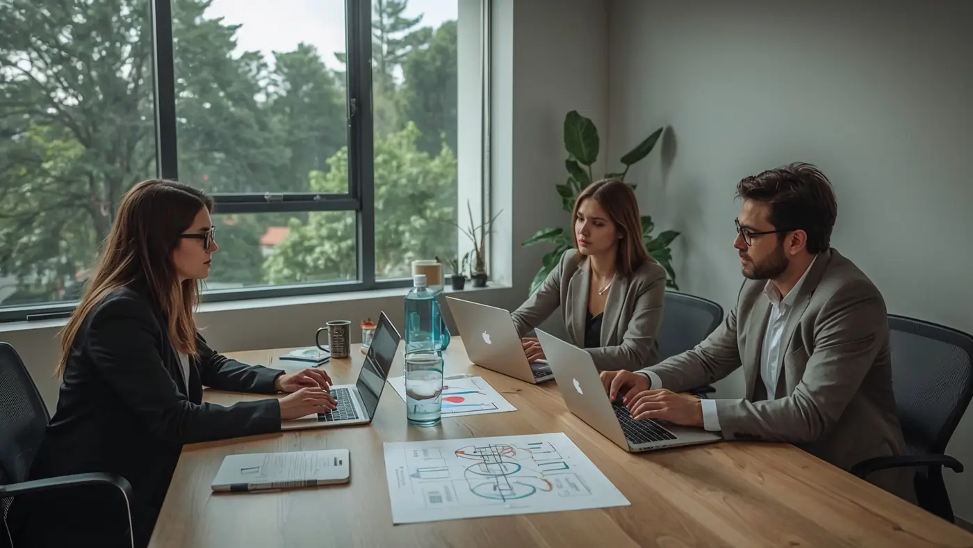 A hyper-realistic photo of two professionals collaborating in a modern office, discussing strategy over a table with laptops, notepads, and a visible SWOT analysis chart.