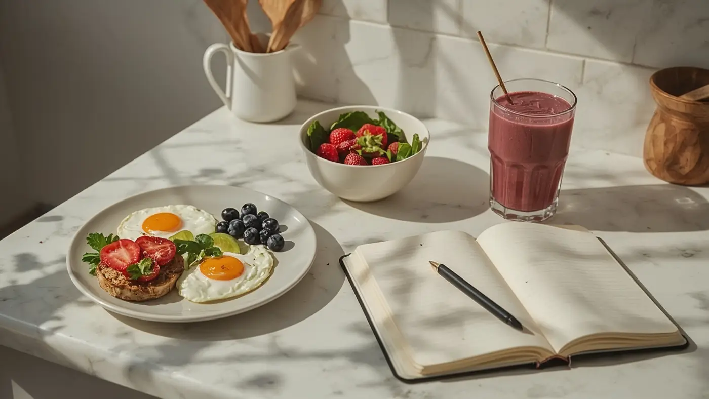 Kitchen counter with protein-rich breakfast options, an open journal, and morning light, symbolizing intentional and mindful routines.