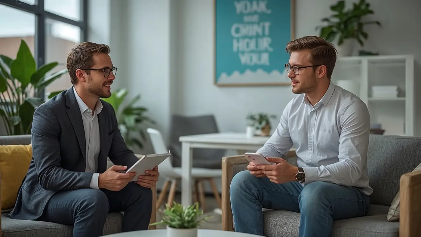 A hyper-realistic photograph of two entrepreneurs in a bright, contemporary space, discussing personal growth and accountability with motivational elements visible.