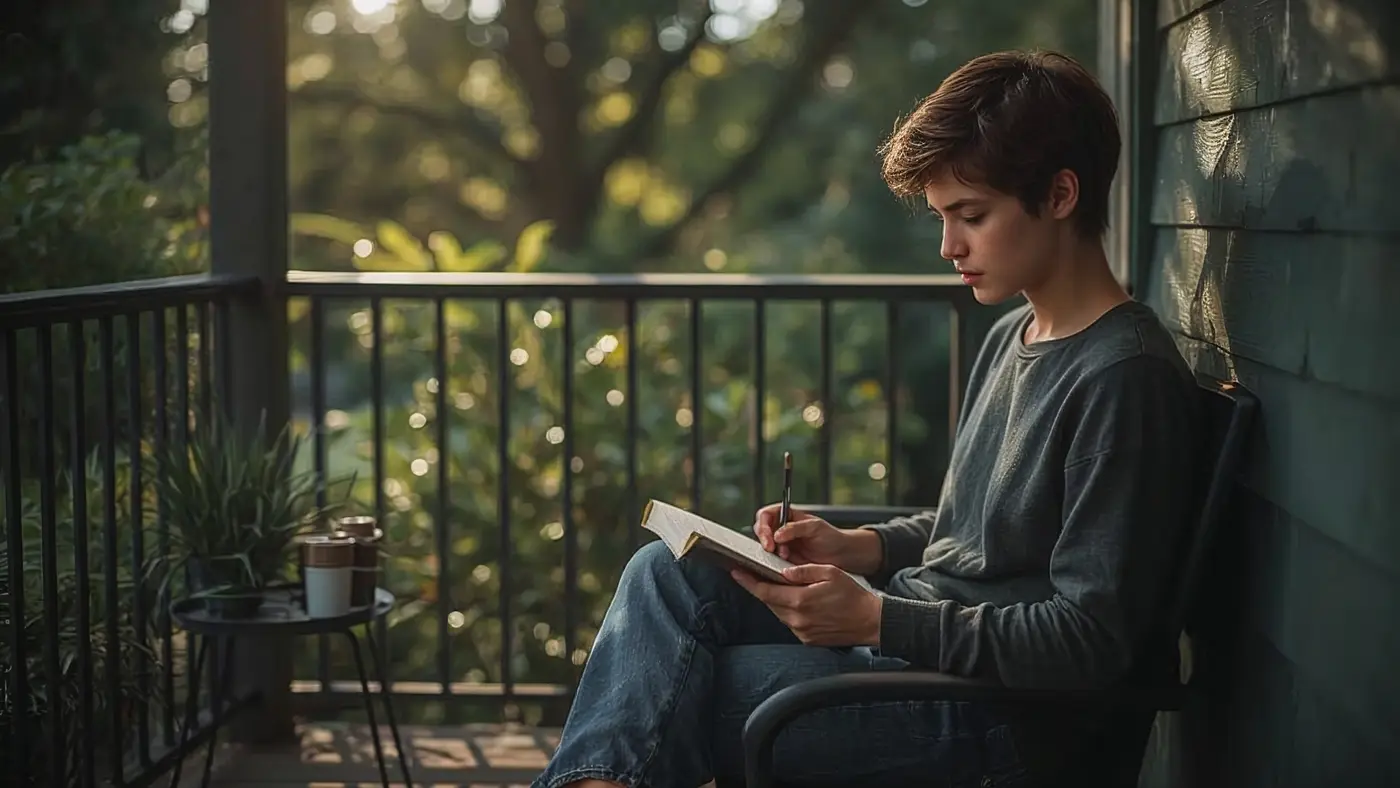 A hyper-realistic photo of a person journaling on a morning porch surrounded by greenery and soft sunlight, evoking mindfulness and peace.