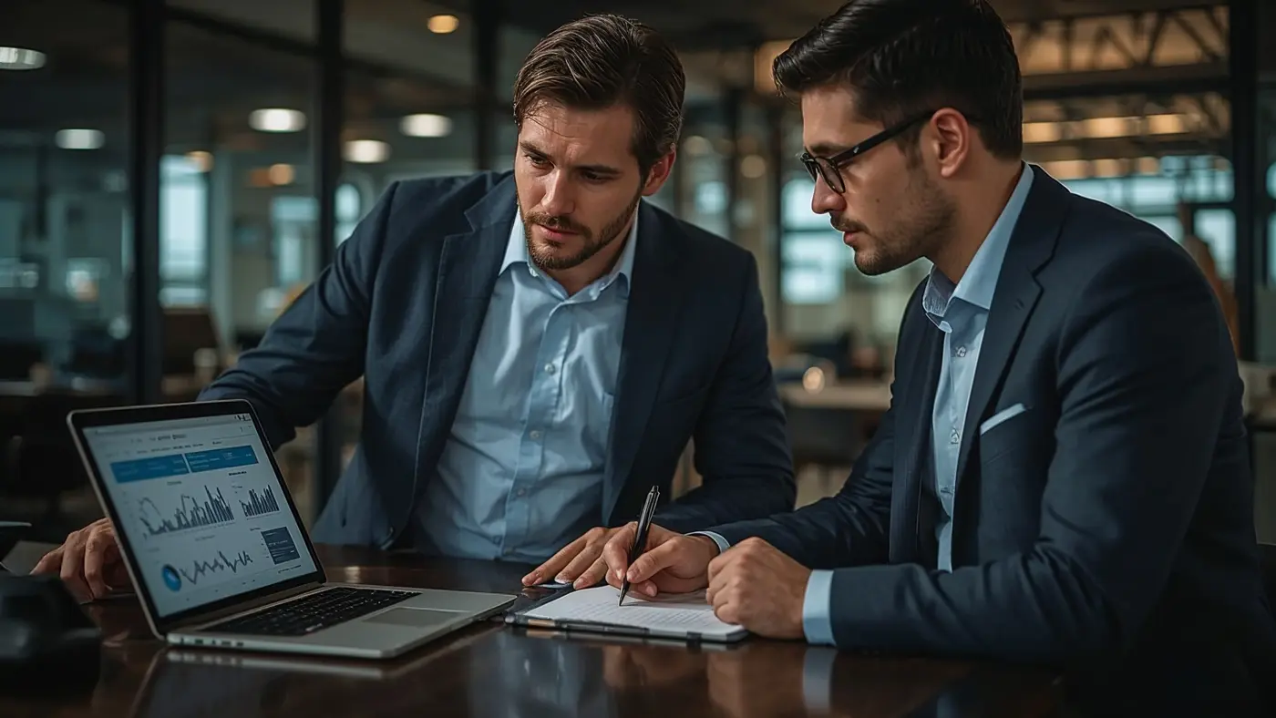 Two business professionals in a modern office having a focused discussion, one pointing at a laptop showing analytics dashboards, the other taking notes. Business casual attire, with authentic lighting and a background hinting at CRM and performance tracking tools.
