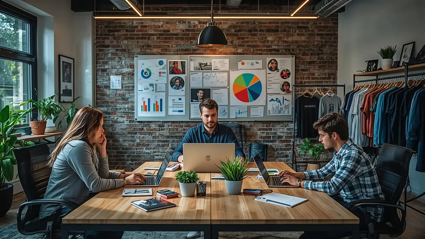 A hyper-realistic scene of a creative team in a modern workspace analyzing customer data with streetwear samples and digital devices.