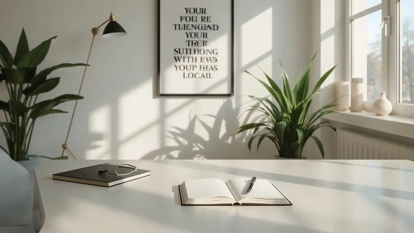 A hyper-realistic photo of a sunlit, modern workspace with a framed motivational quote and a closed journal with a pen on top, evoking inspiration and focus. No people are present; the setting is bright and inviting with real-looking lighting.