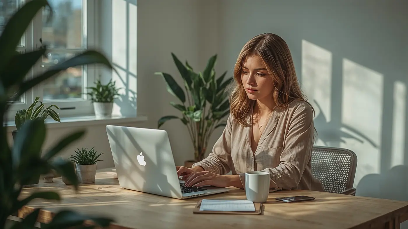 A hyper-realistic home office with a professional decluttering their digital workspace on a laptop.
