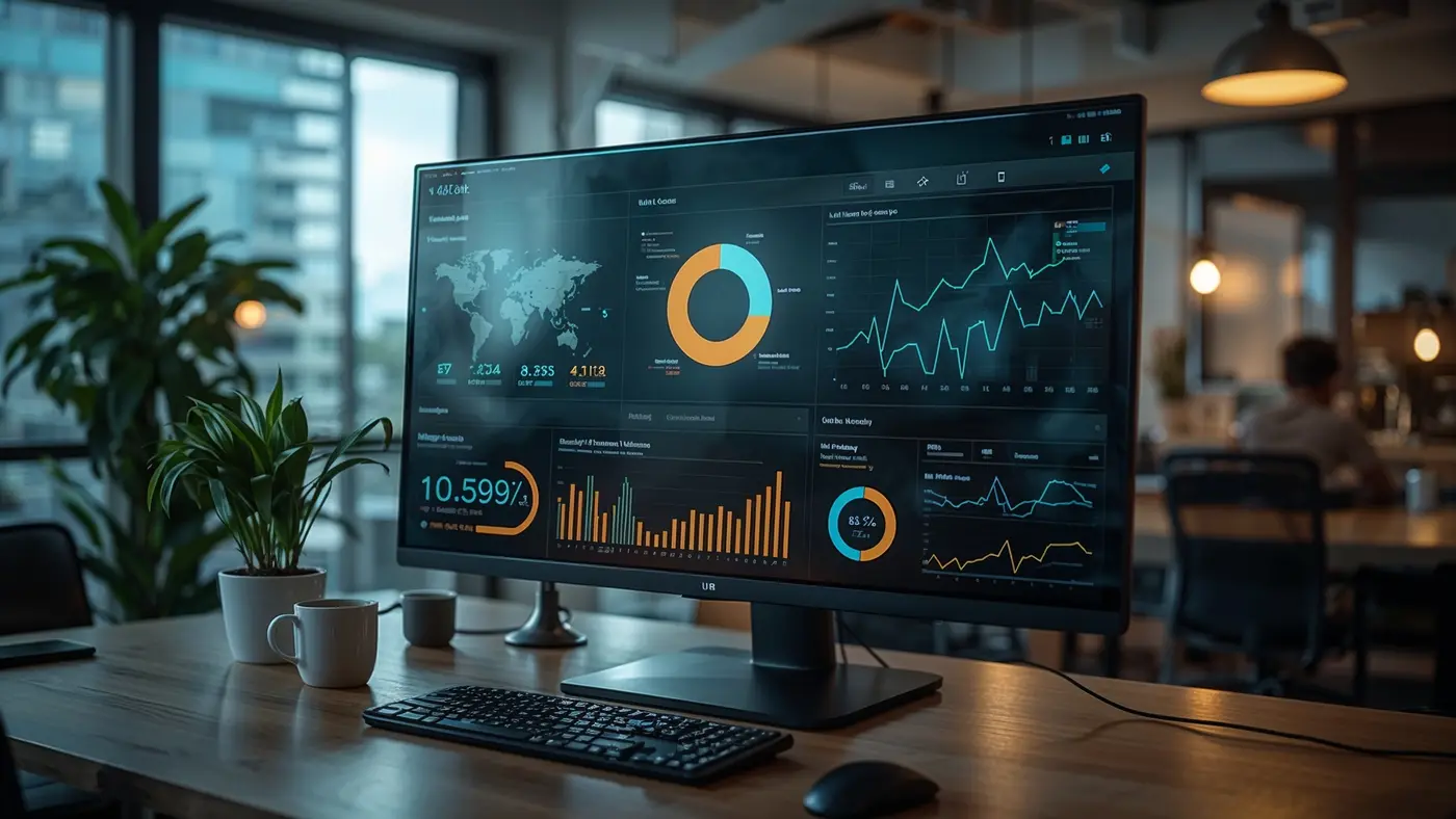 A hyper-realistic photo of a modern workspace featuring a digital dashboard on a large monitor displaying business analytics and KPIs, with a coffee mug, potted plant, and soft natural lighting.