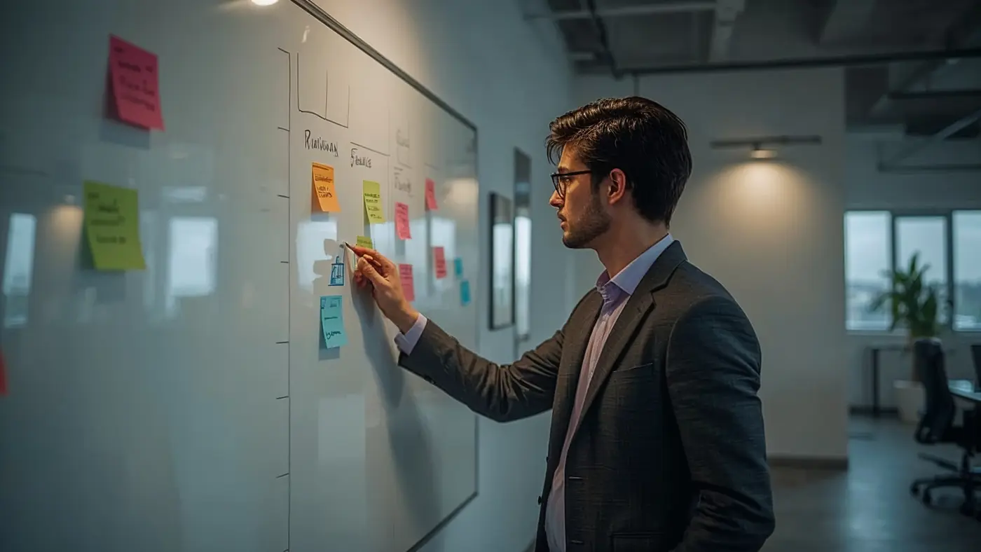 A hyper-realistic image of a professional in smart-casual attire, standing by a whiteboard in a modern office, reviewing a planning board with markers and sticky notes in realistic lighting.