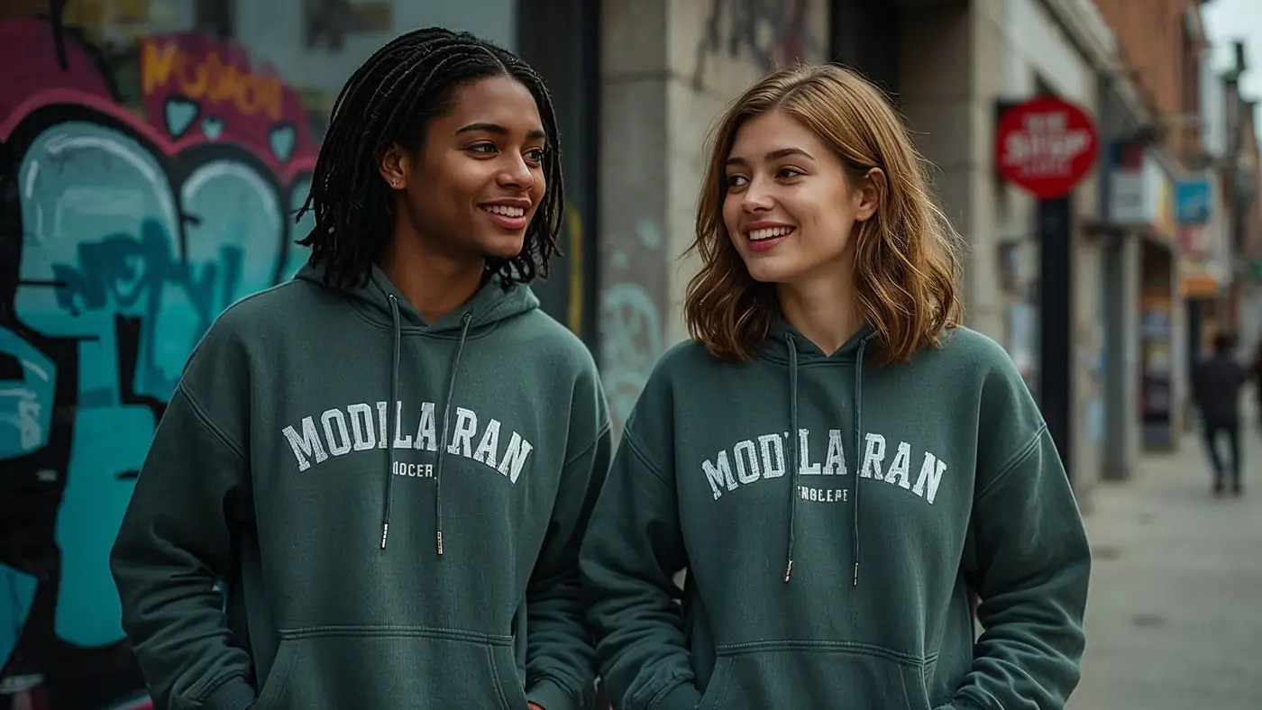 Two young adults in motivational streetwear, interacting in a vibrant urban setting, embodying brand community and ambition.