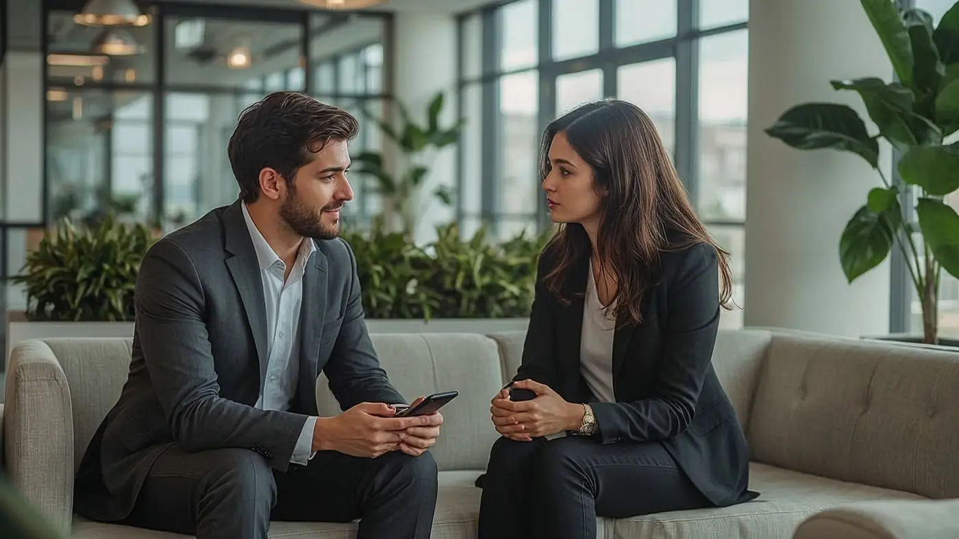 Two professionals in business-casual attire having a supportive conversation in a bright, modern office lounge, conveying workplace resilience and psychological safety.