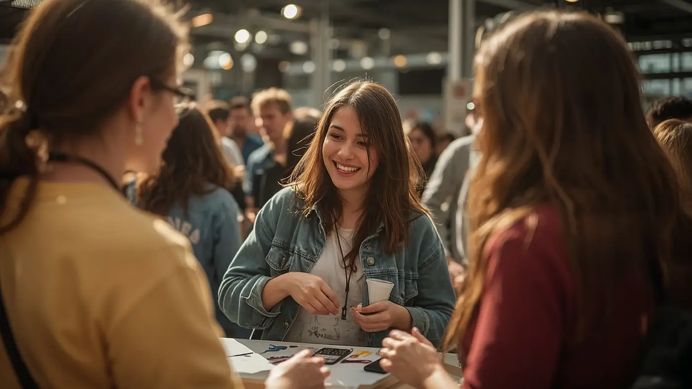 Real-life brand community gathering at a vibrant pop-up event, celebrating shared success.