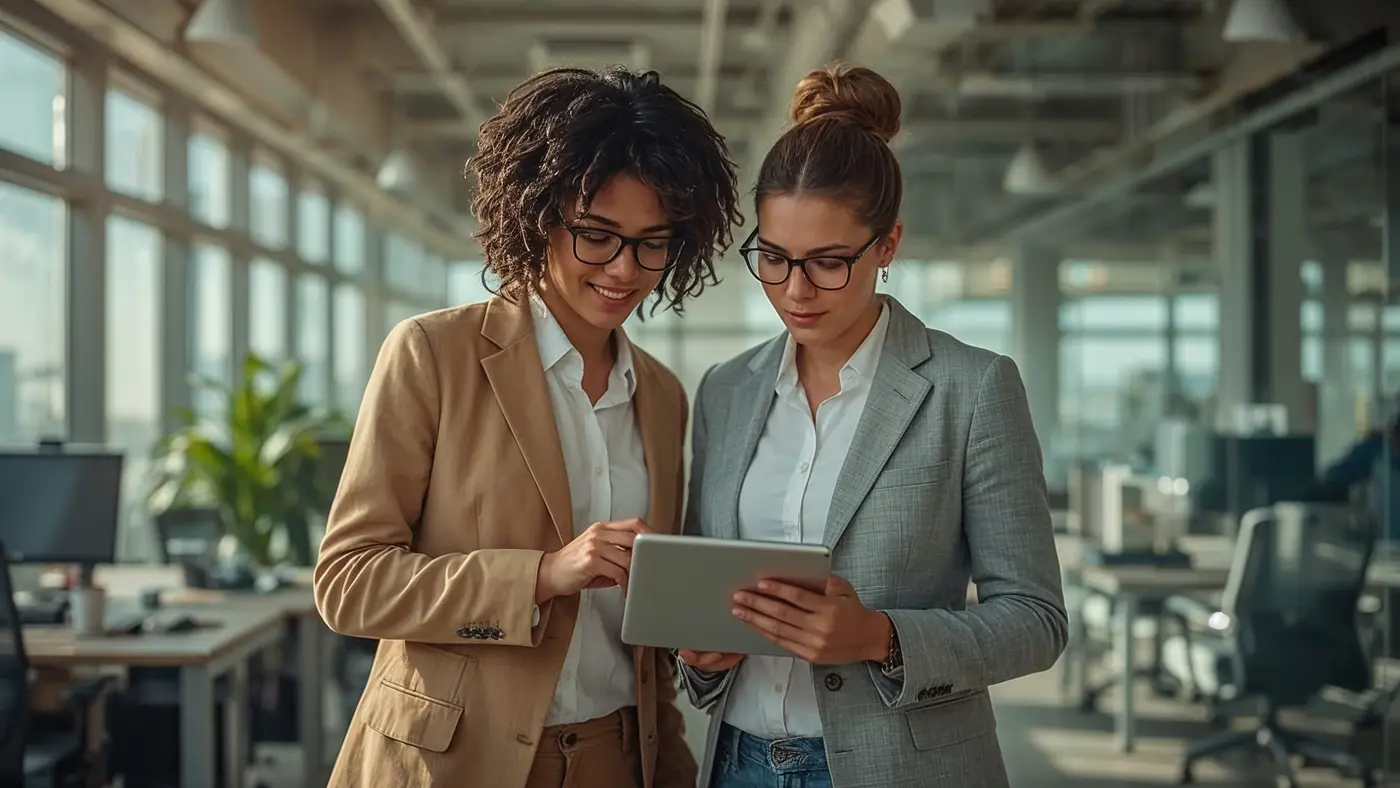 Hyper-realistic image of two professionals collaborating in a bright, modern office, discussing ideas over a tablet.