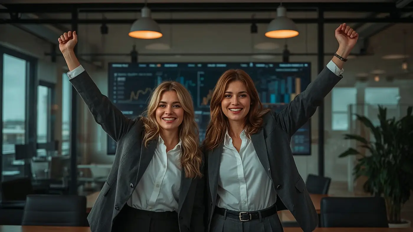 Two professionals in a modern office celebrating a milestone, with charts on a screen in the background, capturing real achievement and teamwork.