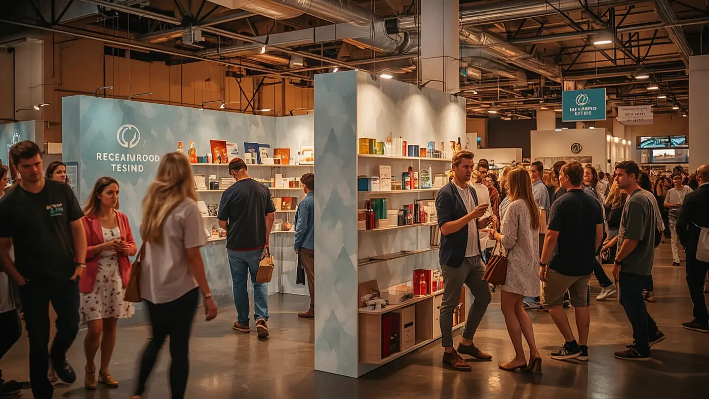 A hyper-realistic photo of people engaging at a brand community event near a pop-up booth with lifestyle products.