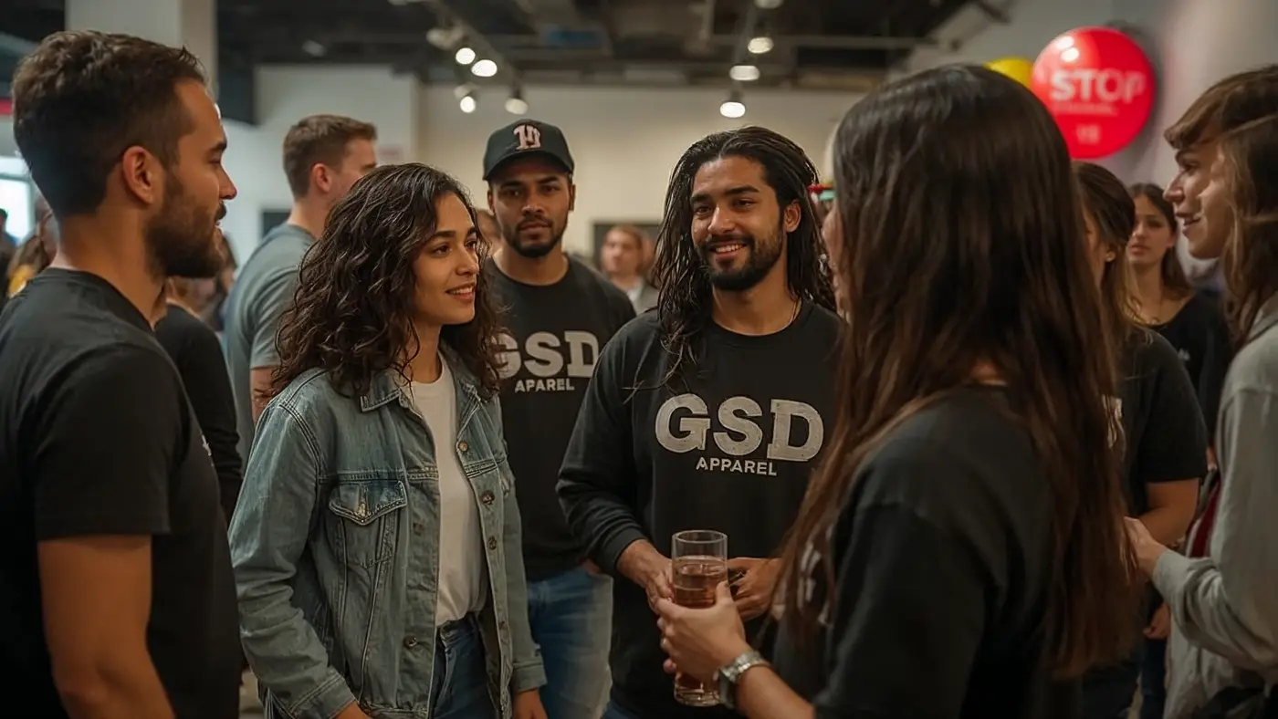 Hyper-realistic photo of a diverse GSD Apparel community pop-up event with authentic hustle culture interaction.