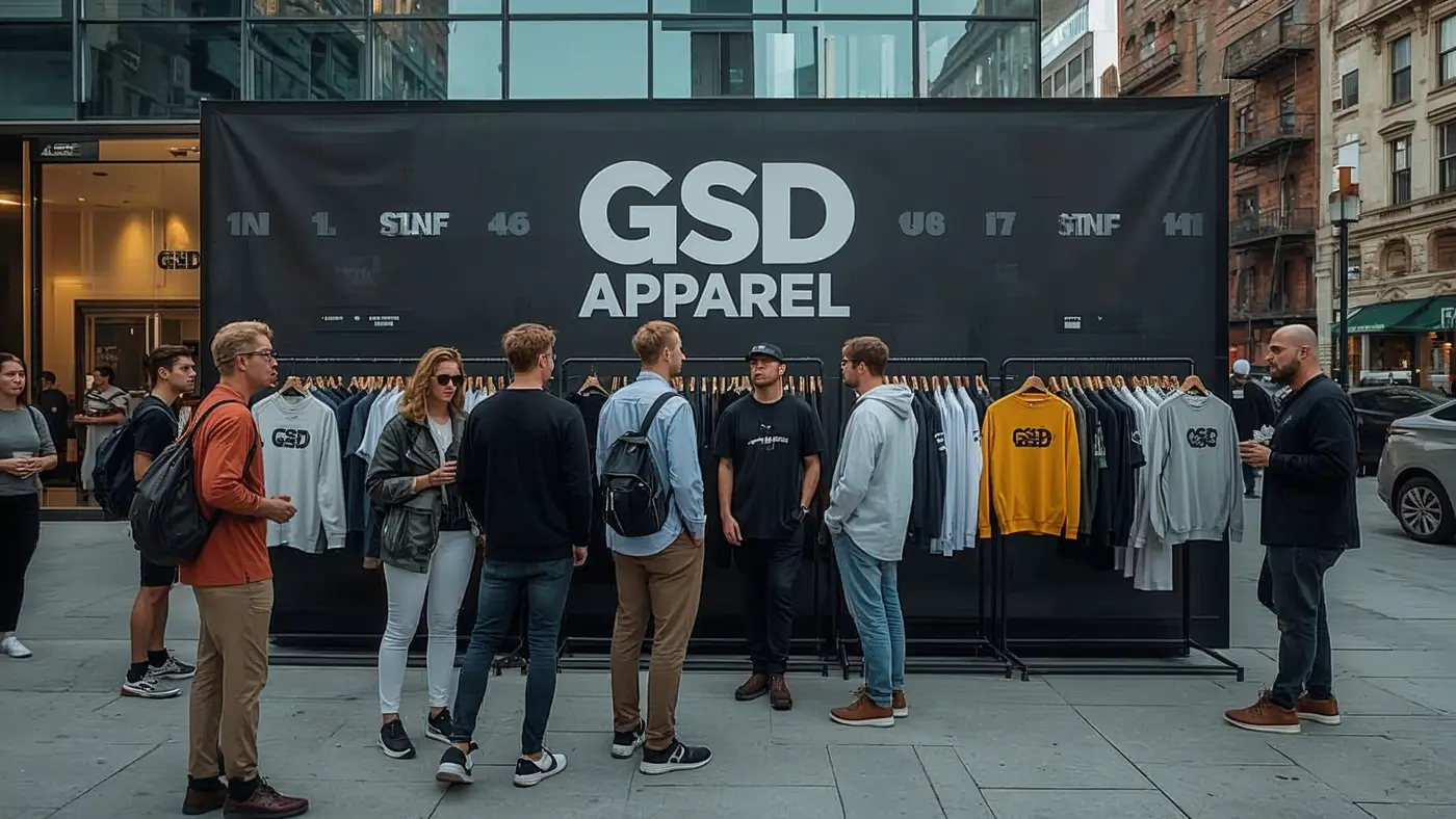 A hyper-realistic photo of a GSD Apparel pop-up event in a city, with people networking in front of branded streetwear displays, outdoors in natural lighting.