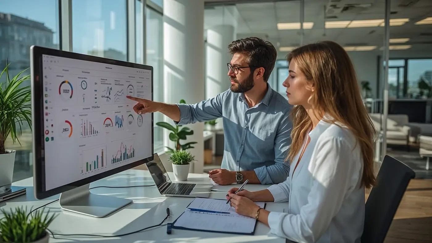 Two hyper-realistic entrepreneurs collaborating over daily goal sheets and a digital dashboard in a sunlit modern office.