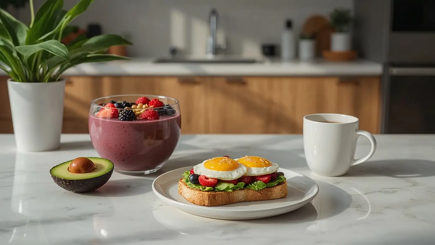 A hyper-realistic photograph of a healthy, vibrant breakfast with a smoothie bowl, avocado toast, and coffee on a clean kitchen countertop, bathed in natural morning light.
