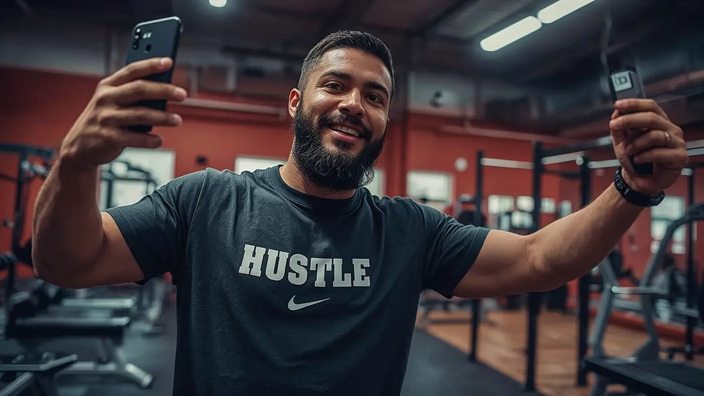 A hyper-realistic photo of a person in a gym, taking a selfie in motivational streetwear, surrounded by fitness equipment, embodying authenticity and user-generated content.