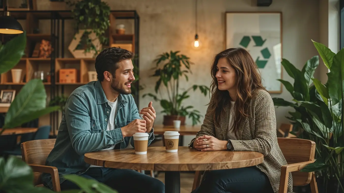 Two entrepreneurs having an energetic discussion in a vibrant, eco-friendly community space branded by a DTC company, with warm natural lighting and sustainable materials.