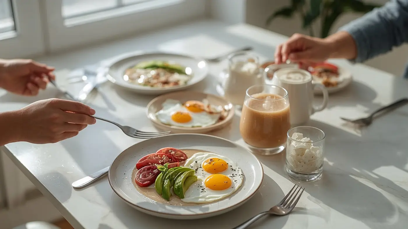 A hyper-realistic photo of a nutritious high-protein breakfast with eggs, avocado, yogurt, and a smoothie on a sunlit kitchen table, with one person's hands reaching for a fork, all bathed in real morning light.