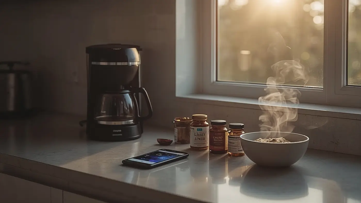 A hyper-realistic photo of a modern kitchen countertop at sunrise with a smart coffee maker, smartphone displaying a sleep analysis app, vitamins, and a bowl of oatmeal, all bathed in soft morning light.