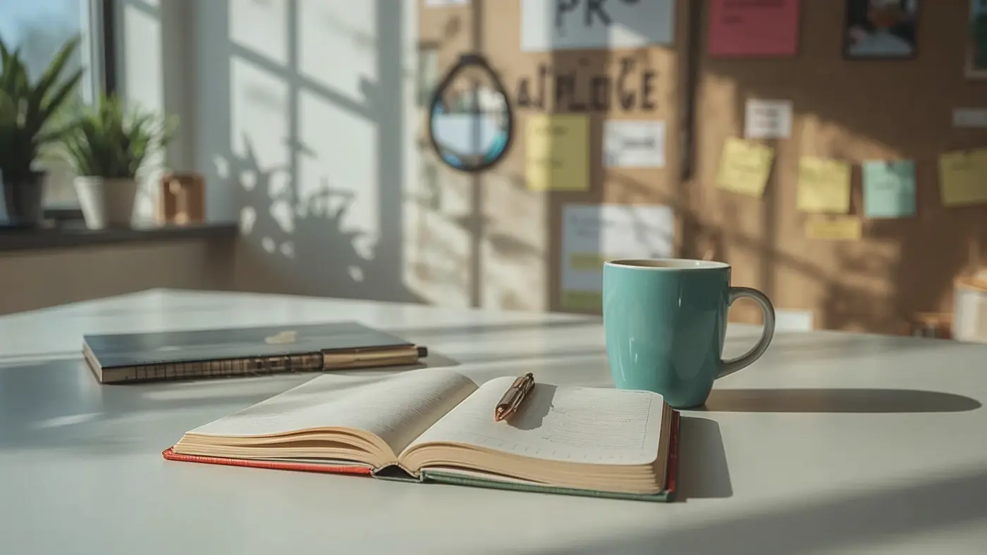 A hyper-realistic photo of a tidy workspace with a journal, pen, and coffee mug in soft natural light, featuring motivational elements in the background.