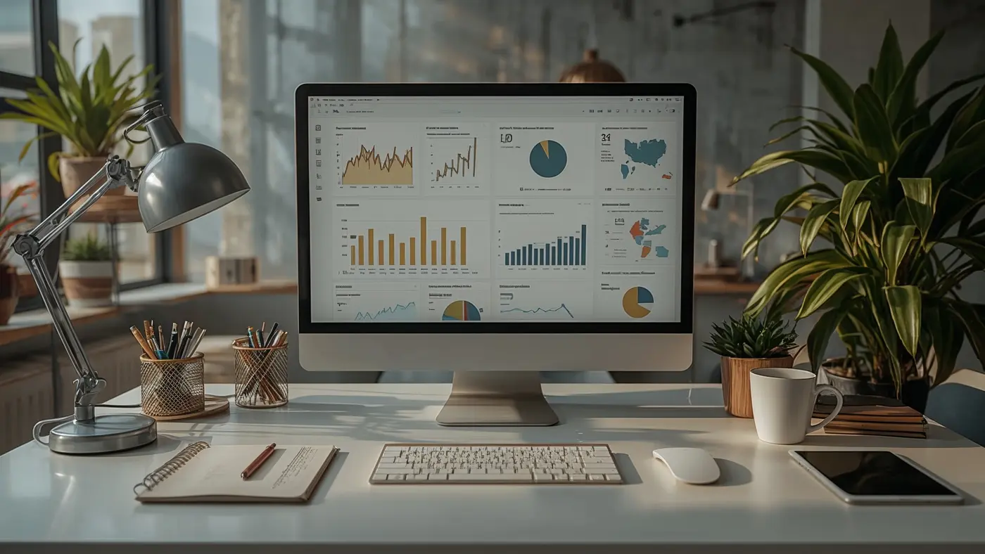 A hyper-realistic modern workspace featuring a brightly lit desk with analytics dashboards, productivity tools, and a coffee mug, with no people present.