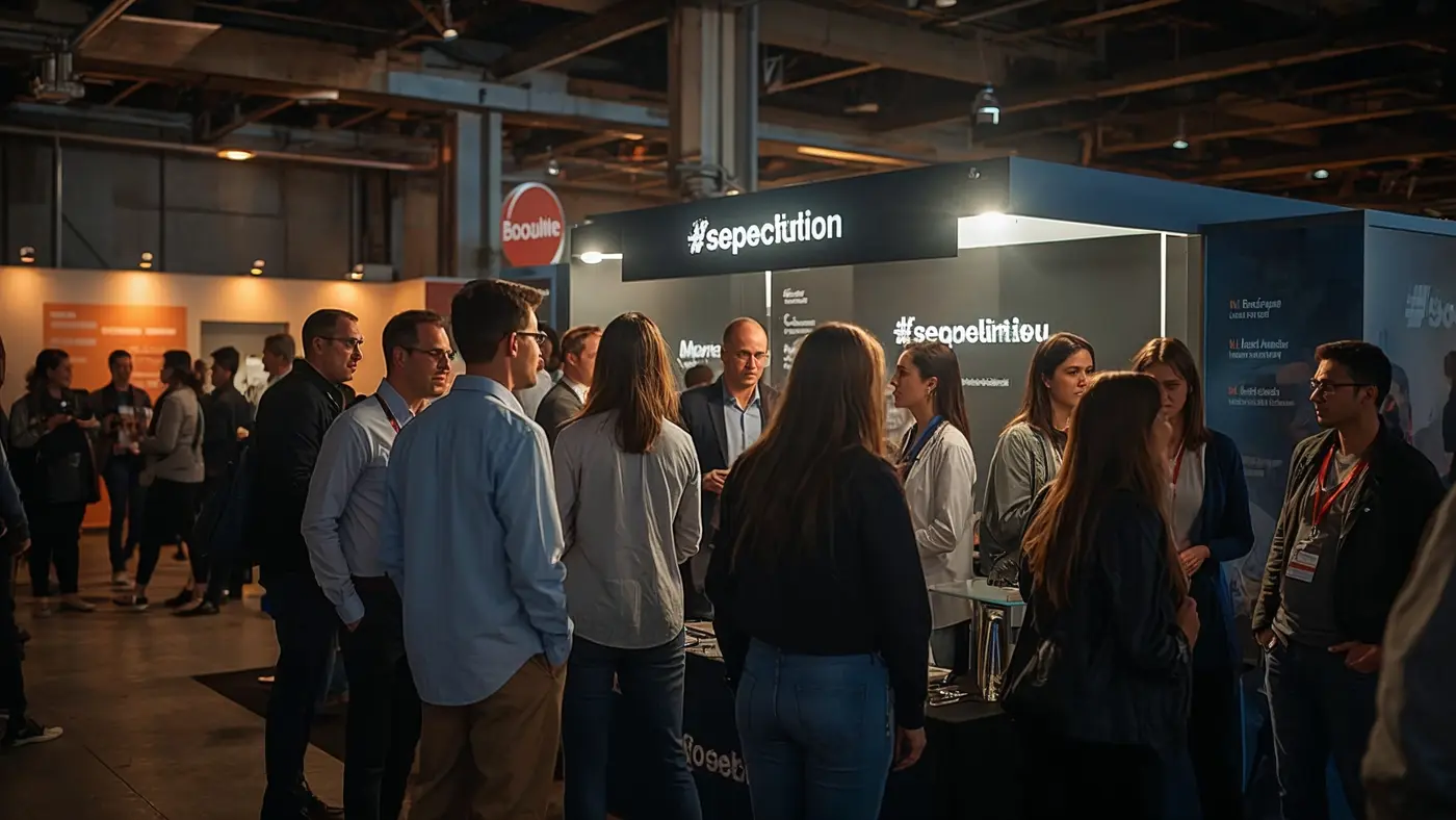 A hyper-realistic image of a lively entrepreneurial networking event, with real lighting and people connecting near a branded pop-up booth, capturing authentic energy and motivation.