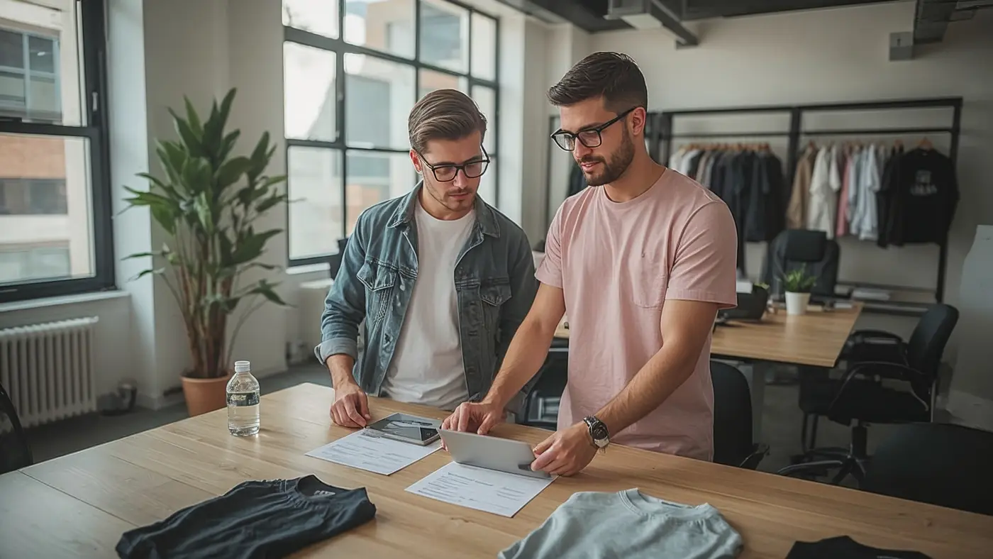 Two entrepreneurs discussing streetwear feedback in a modern workspace