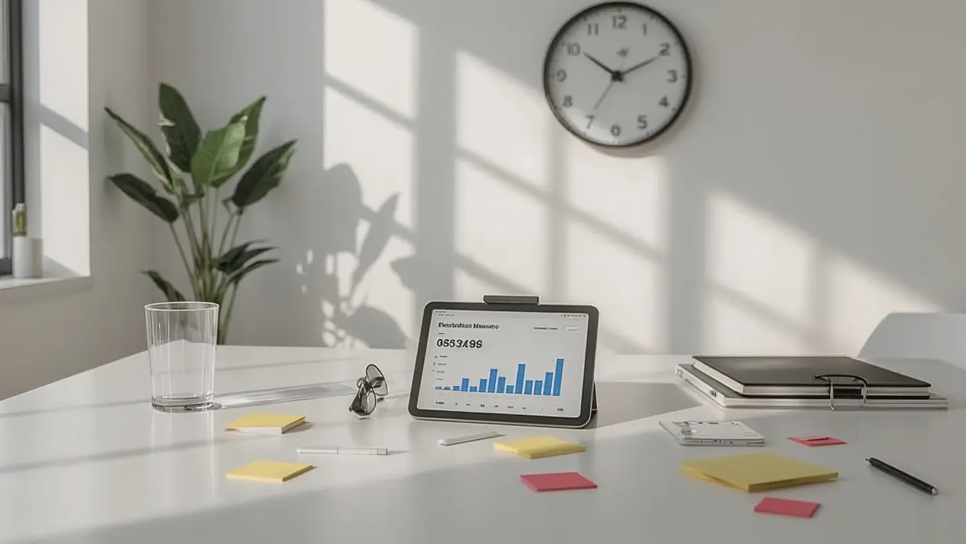 A hyper-realistic photo of a modern workspace with a digital tablet showing performance metrics, surrounded by productivity tools and natural daylight.